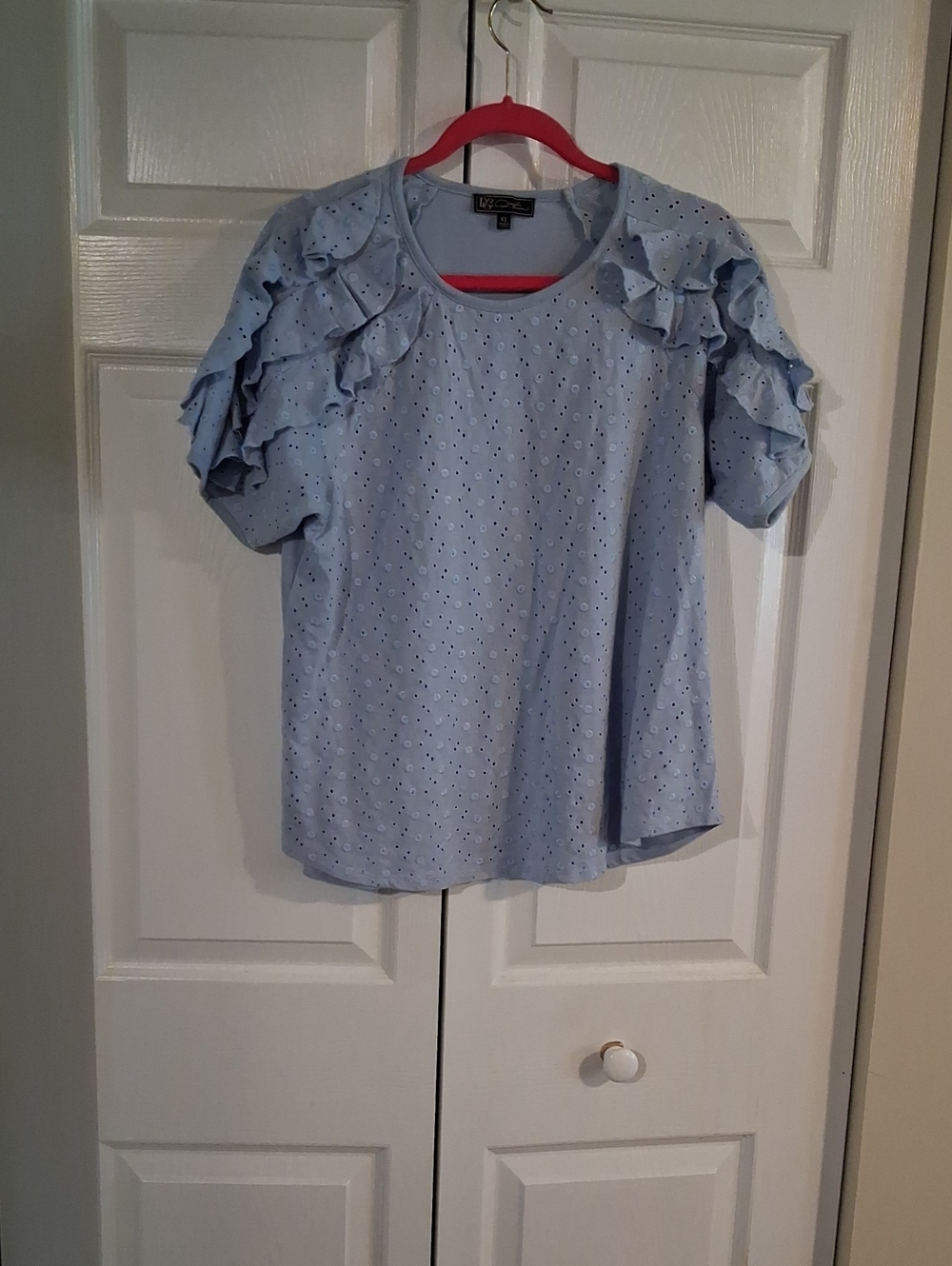 Powder Blue Eyelet Ruffle Sleeve Tee